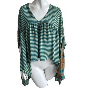 KANTHA BAE 100% Silk Hippie Boho Tunic Kimono Top O/S Asymmetrical Oversized